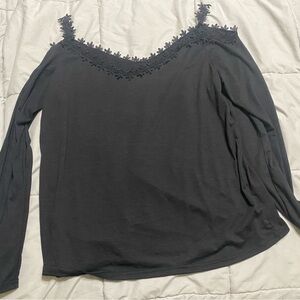 SHEIN Black Floral Trim Long Sleeve Top